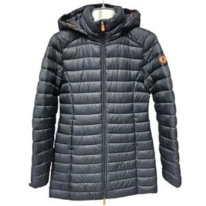 Save The Duck Womens 1/S Ultra Light Jacket Hooded Puffer Coat Plumtech Navy